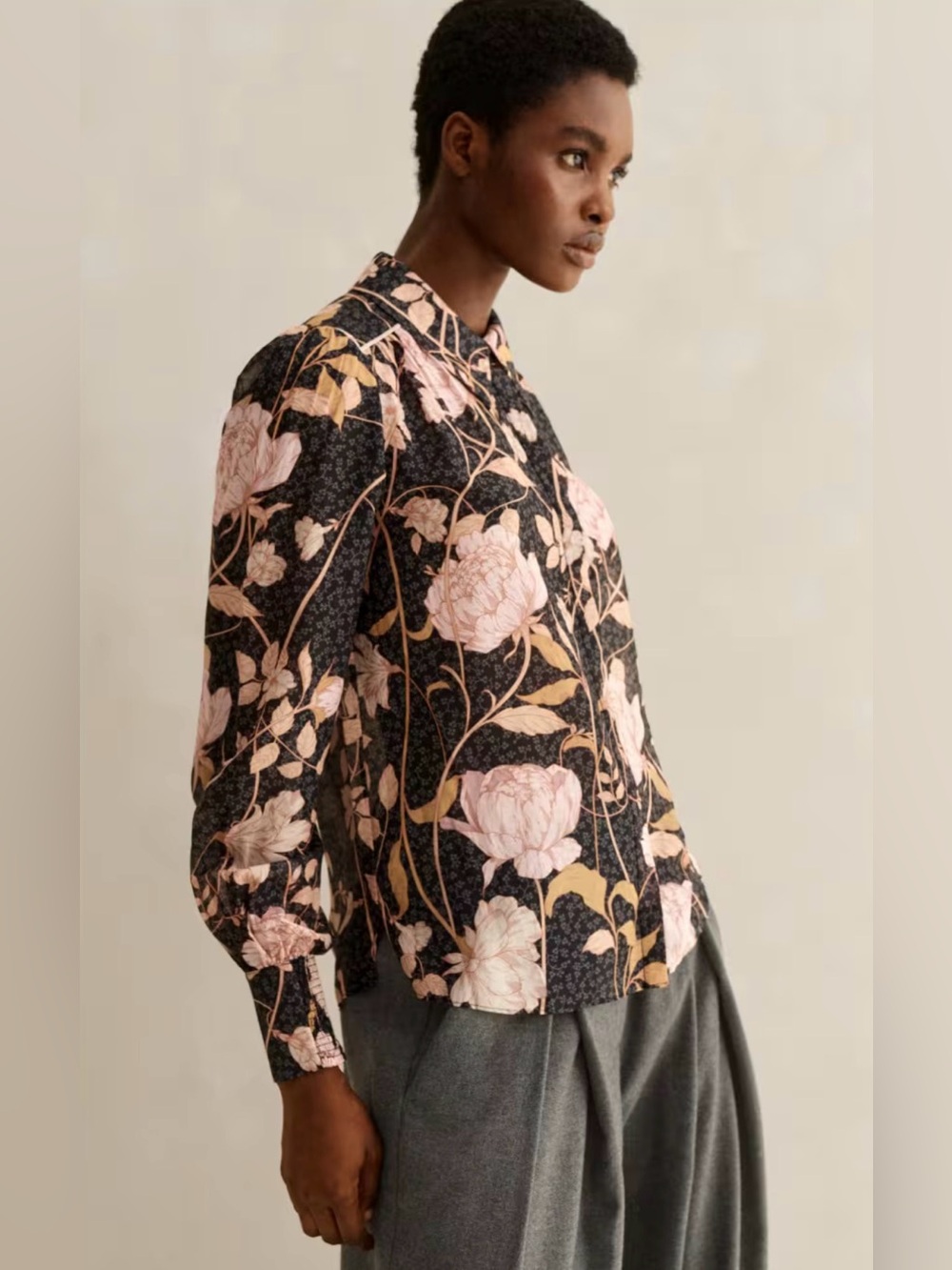 ME+EM Silk Cotton Romantic Rose Print button down top boho blouse size 8 black
